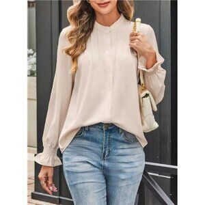 Women’s Chiffon Button Down Blouse | Mandarin Collar Pleated Tunic Top
